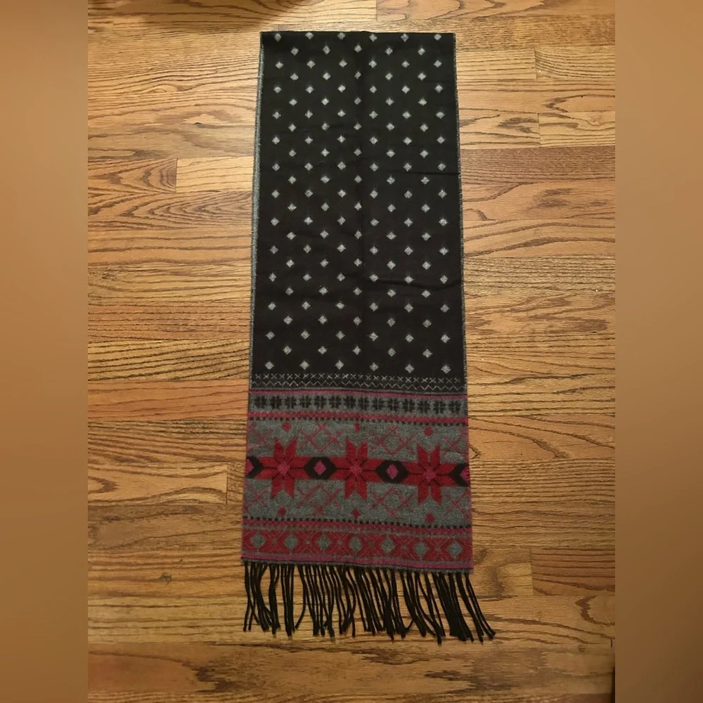 Merona Men's Rustic Outdoorsy Patterned Black Grey Red Winter Fringed Scarf